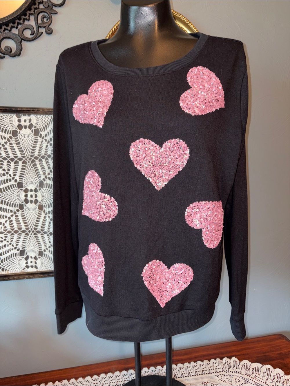 INC International Concepts Black Crewneck Sweater with Pink Sequin Hearts